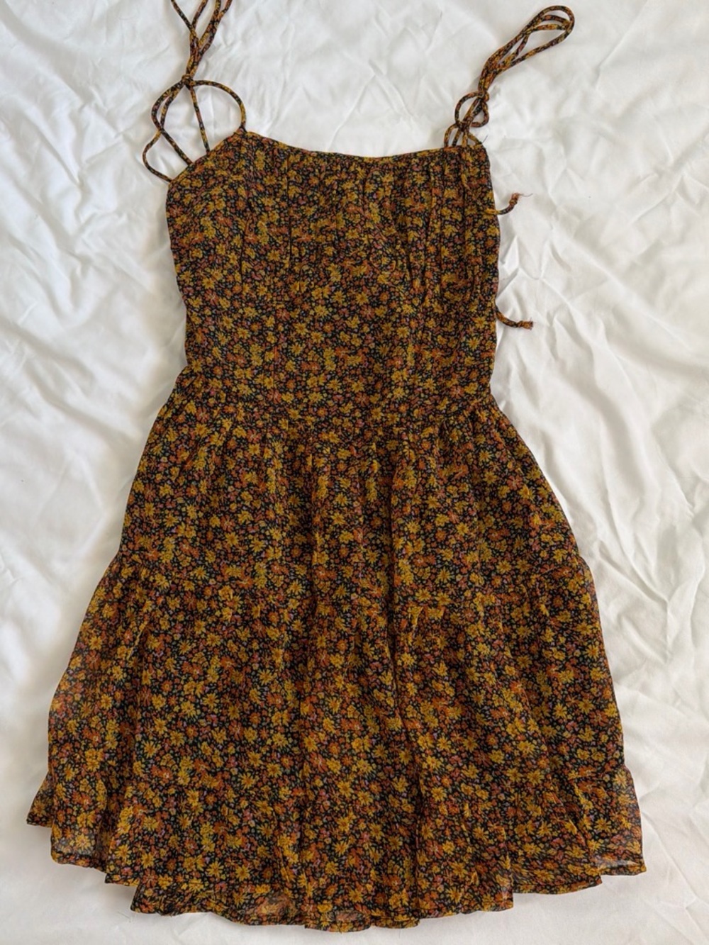 Floral Tie-Shoulder Mini Dress in Mustard